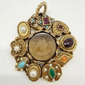Vintage Brutalist Cameo Pendant Mixed Stone Gold Tone Artisan Jewelry